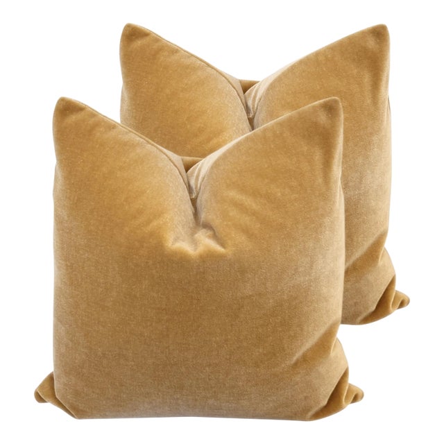 Plush 24" Golden Camel Down Filled Mohair Pillows - A Pair For Sale