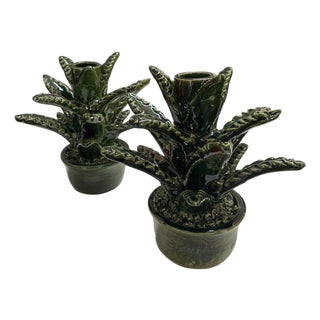 Contemporary Moroccan Hand-Glazed Ceramic Succulent Taper Holders – Pair For Sale