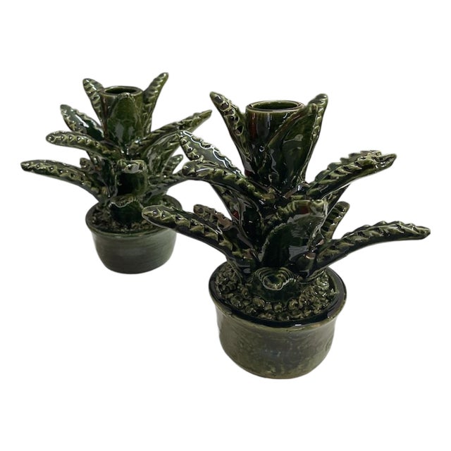 Contemporary Moroccan Hand-Glazed Ceramic Succulent Taper Holders – Pair For Sale