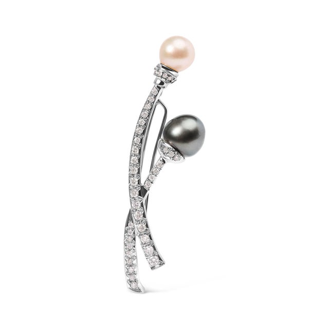 Hause of Brilliance 18K White Gold 3/5 Cttw Diamond and Cultured South Sea Black and White Pearl Bro For Sale