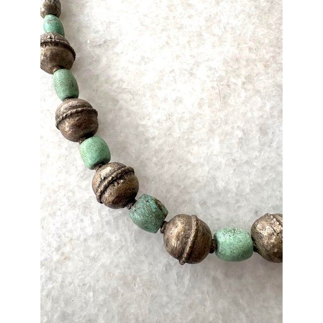 African Antique Silver and Turquoise Beaded Necklace For Sale - Image 3 of 5