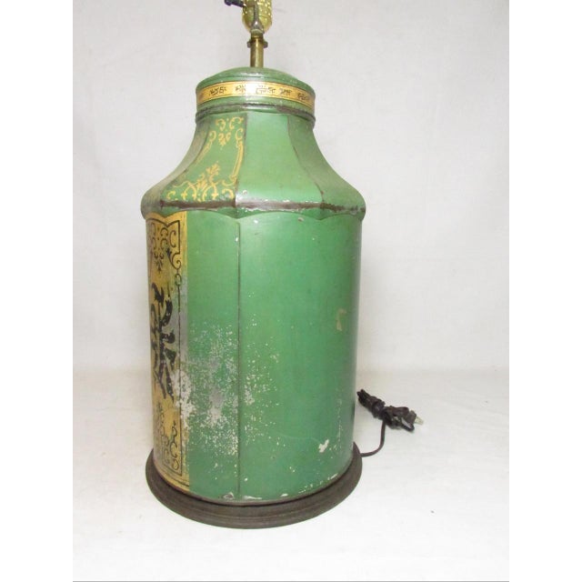 Metal Antique Tole Painted Tea Cannister Lamp For Sale - Image 7 of 16