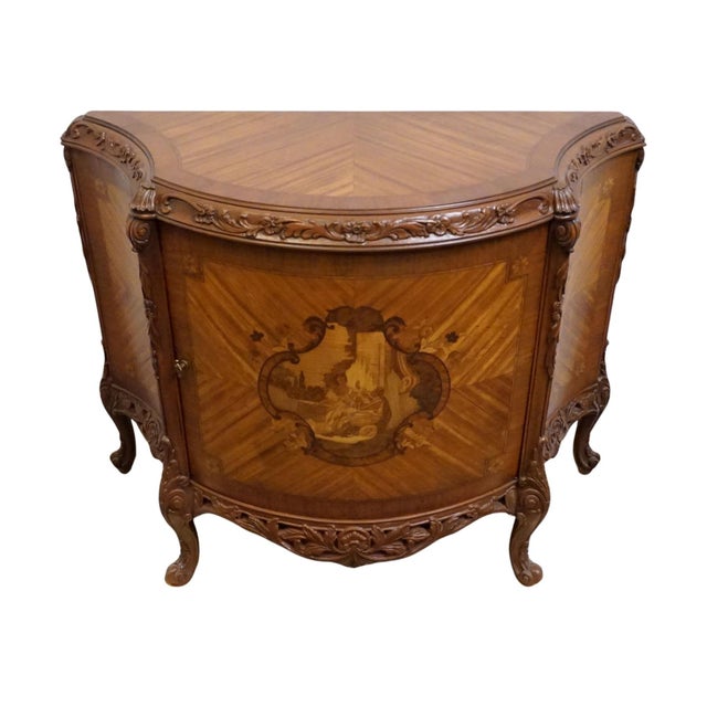 Rococo Vintage Antique Banded Walnut French Louis XV Rococo Style 42" Carved Console W. Pastoral Inlay For Sale - Image 3 of 11