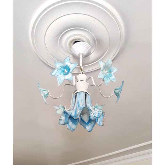 Vintage Murano Style Glass Chandelier, 1980s Blue Floral Lamp, Small Italian Ceiling Light For Sale - Image 4 of 13