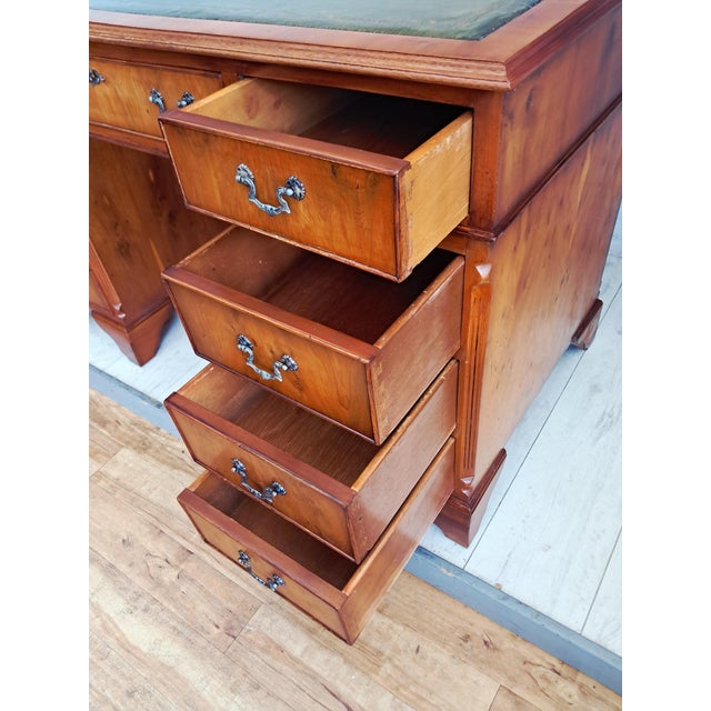 Antique Twin Pedestal Desk in Yew Wood with Leather Top, 1980s For Sale - Image 18 of 18
