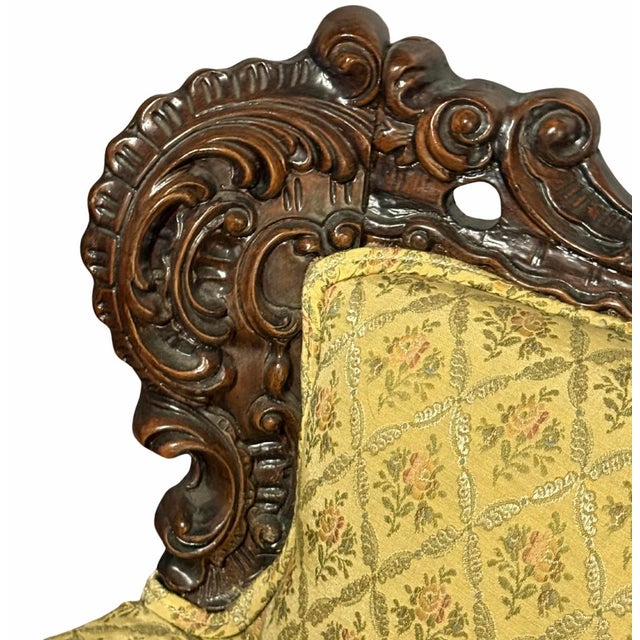 19th Century 19th Century Italian Baroque Carved Walnut Sofa & Armchair – Silk Upholstery – Pair For Sale - Image 5 of 12