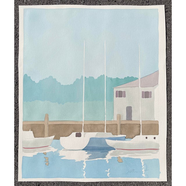 Coastal 1990s Sail Boat Docks Watercolor For Sale - Image 3 of 3