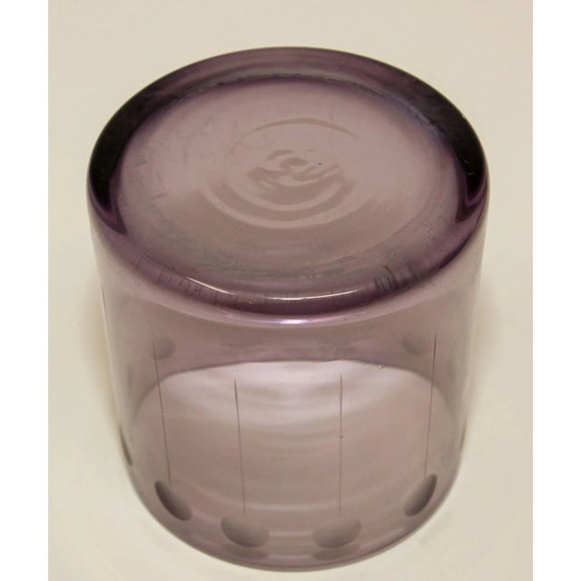 Set of Four Vintage Drinking Colored Crystal Glasses With Etched Design For Sale In Palm Springs - Image 6 of 13