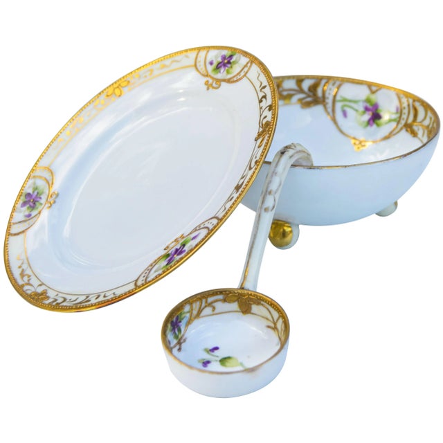 Mid 20th Century Hand-Painted Porcelain Gold Accents- 3 Pieces For Sale - Image 4 of 5