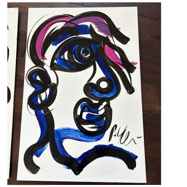 Abstract 20th Century Cubist Profile Paintings by Peter Keil a Pair For Sale - Image 3 of 6