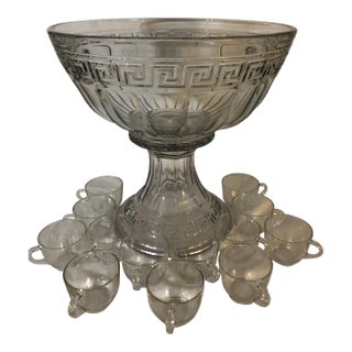 Vintage 1930s Heisey Greek Key Punch Bowl and Stand With Cups - 15 Piece Set For Sale