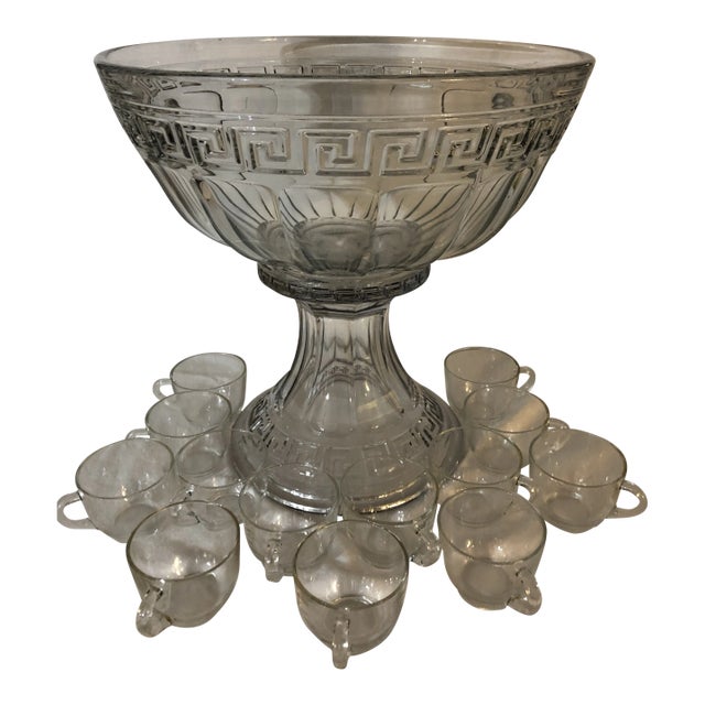 Vintage 1930s Heisey Greek Key Punch Bowl and Stand With Cups - 15 Piece Set For Sale