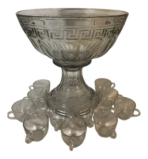 Vintage 1930s Heisey Greek Key Punch Bowl and Stand With Cups - 15 Piece Set