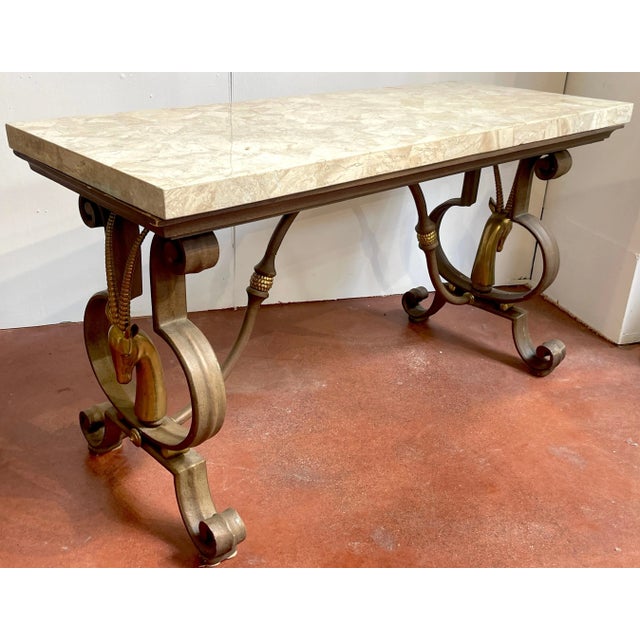 Brass Hollywood Regency Wrought Iron and Tessellated Stone Console For Sale - Image 8 of 9
