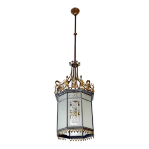 Antique Neoclassical Bronze & Etched Glass Ceiling Lantern