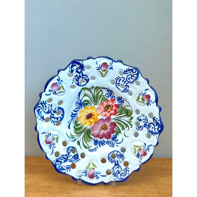 Vintage Portuguese Pierced Ceramic Floral Plate For Sale - Image 12 of 12
