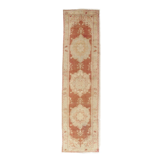 Antique Oushak Runner, Turkish and Oriental Rug, Handmade Beige and Orange Rug For Sale