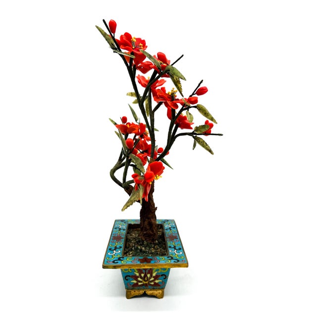 Vintage Cloisonné Flowering Jade Bonsai Tree in Enamel Planter | Chinoiserie Décor Accent - Hollywood Regency, Asian Inspired, Traditional For Sale - Image 9 of 12