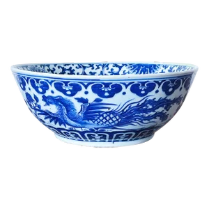 Late 19th Century Chinese Blue and White Porcelain Bowl Depicting Phoenix and Peonies Flowers