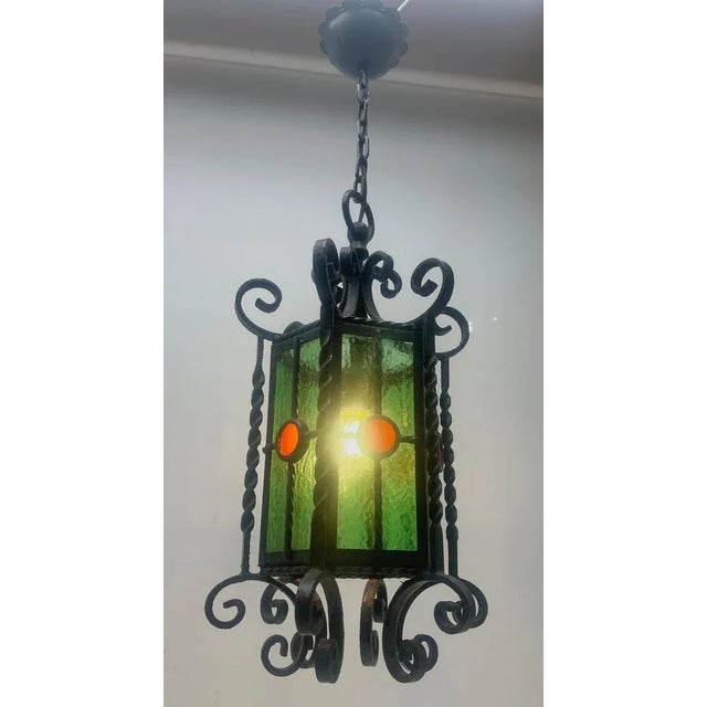 Black Arts & Crafts Forget and Colored Glass Pendant Lobby Lamp, 1930s For Sale - Image 8 of 11