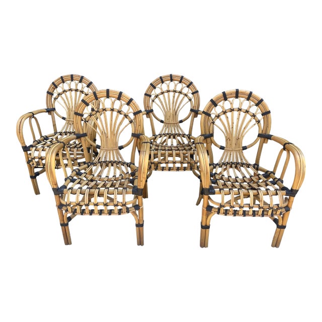 Set of 4 Beautiful Coastal Rattan Arm Chairs With Leather Accent For Sale