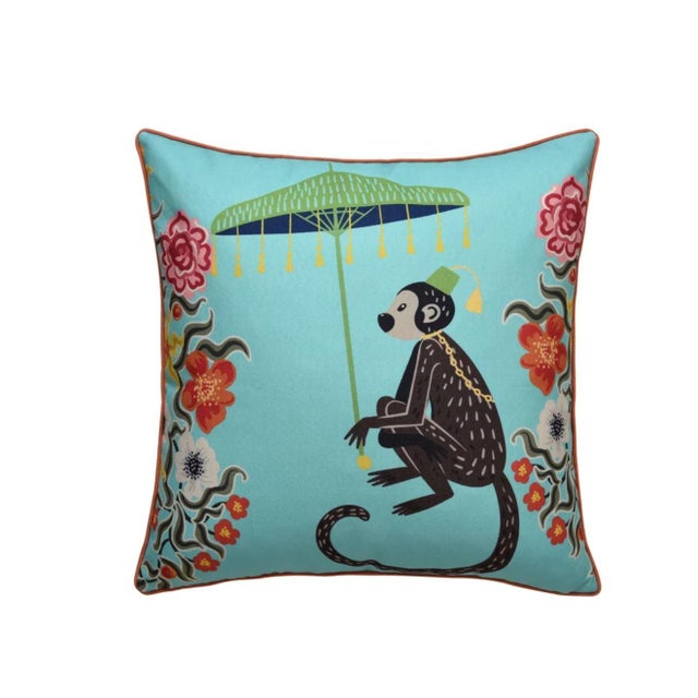 Kenneth Ludwig Chicago Blue Monkey and Leapord 24" Down Pillow For Sale - Image 4 of 5