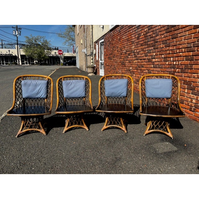Set of 4 Bentwood Game Chairs. Swivel chairs have removable seat cushion and the back cushion is held on in each corner...