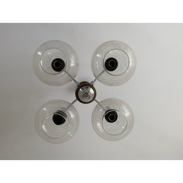 Vintage Space Age Sputnik Chandelier in Chrome-Plated Metal, Wooden Accents and Clear Ribbed Glass Shades by Emi Poljčane, Yugoslav, 1970s For Sale - Image 11 of 18