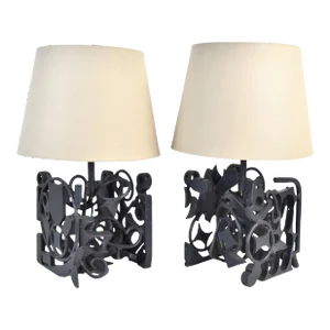 Pair Vintage Mid 20th Century Custom Made Industrial Metal Remnants Table Lamps