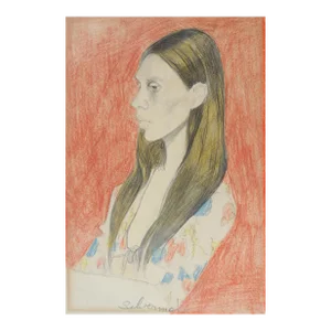 Small Mid 20th Century Color Portrait Drawing of Young Woman