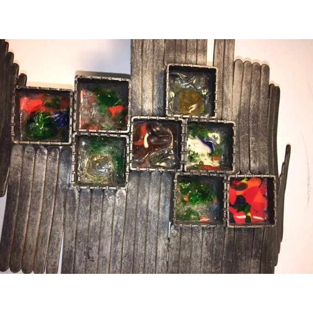 Late 20th Century Pair of Mid Century Italian Brutalist Blackened Iron & Geometric Multi Colored Murano Glass Sconces For Sale - Image 5 of 9