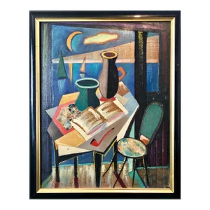 Unknown European Collage Cubist Oil Painting 1960 Surrealist Interior with Vase and Pipe, 1960