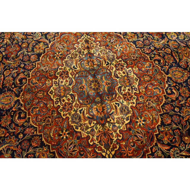 Persian 1940s Blue Navy Floral Medallion Antique Persian Qazvin Rug 10'4" X 19'3" Handknotted Wool Carpet For Sale - Image 3 of 5