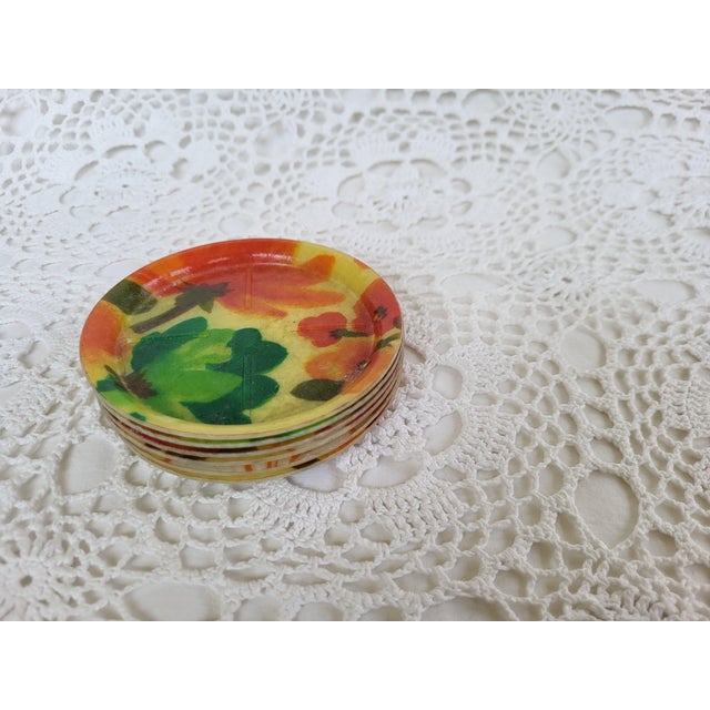 Modern 1960s Mod Floral Plastic Coasters - Set of 6 For Sale - Image 3 of 7