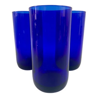 Vintage Libbey Cobalt Blue Metropolitan Tall Glass Tumbler Glassware - Set of 3 For Sale