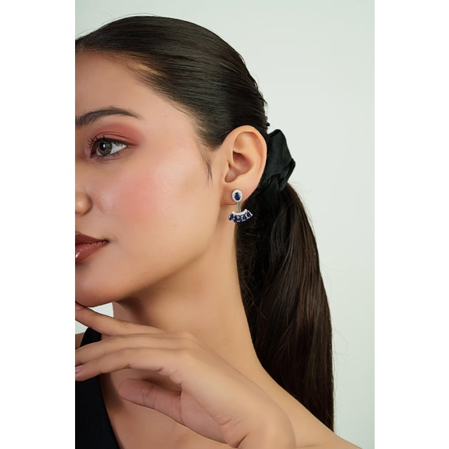 4.16ct Natural Deep Blue Sapphire and Diamond Jacket Earrings in 14k White Gold- A Pair For Sale - Image 14 of 18