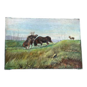1930s Primitive Folk Art Moose Fighting Wildlife Oil Painting