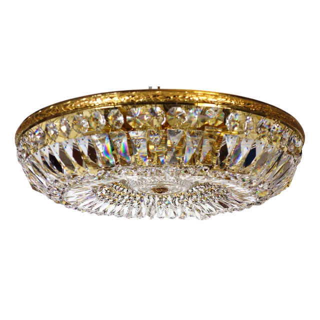 Antique Brass & Lead Crystal Ceiling Lamp from Palwa, 1960s For Sale