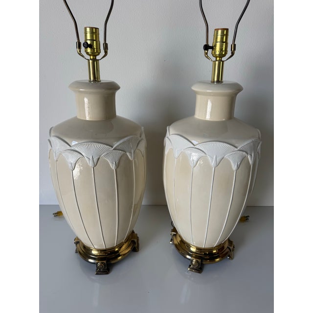 1980s Vintage Beige Ceramic Table Lamps on Brass Finish Bases – A Pair For Sale - Image 9 of 12