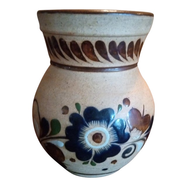 Signed Vintage Tonala Mexican Folk Art Squat Vase. For Sale