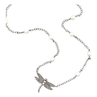 Tiffany & Co. 18 Karat White Gold Diamond and Cultured Pearl Dragonfly Necklace For Sale