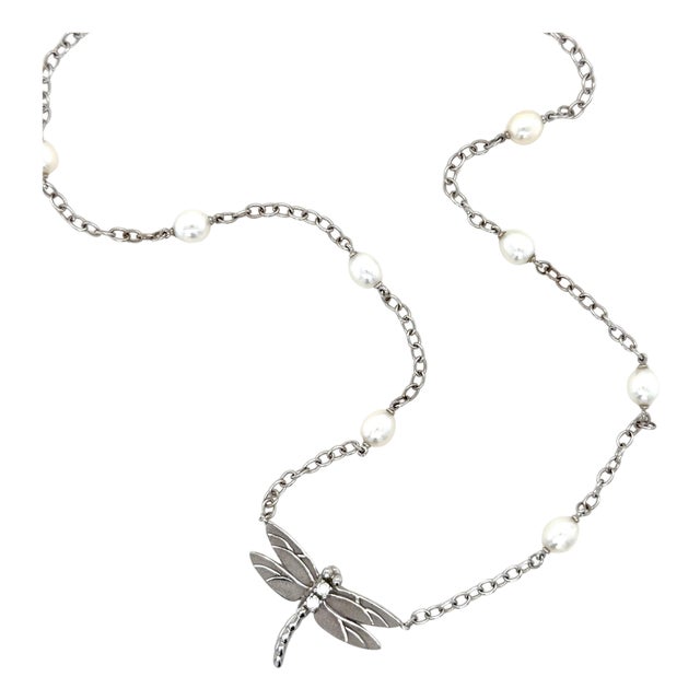 Tiffany & Co. 18 Karat White Gold Diamond and Cultured Pearl Dragonfly Necklace For Sale