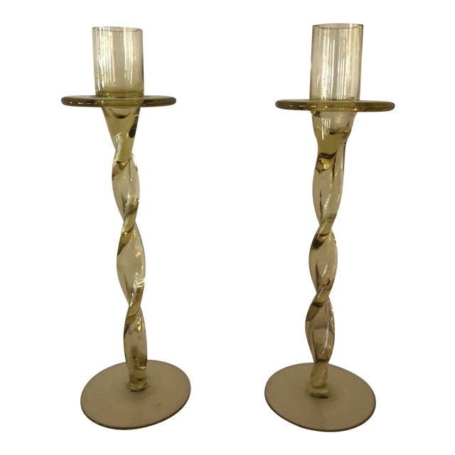 Vintage Hand Blown Amber Glass Candlesticks a Pair Chairish