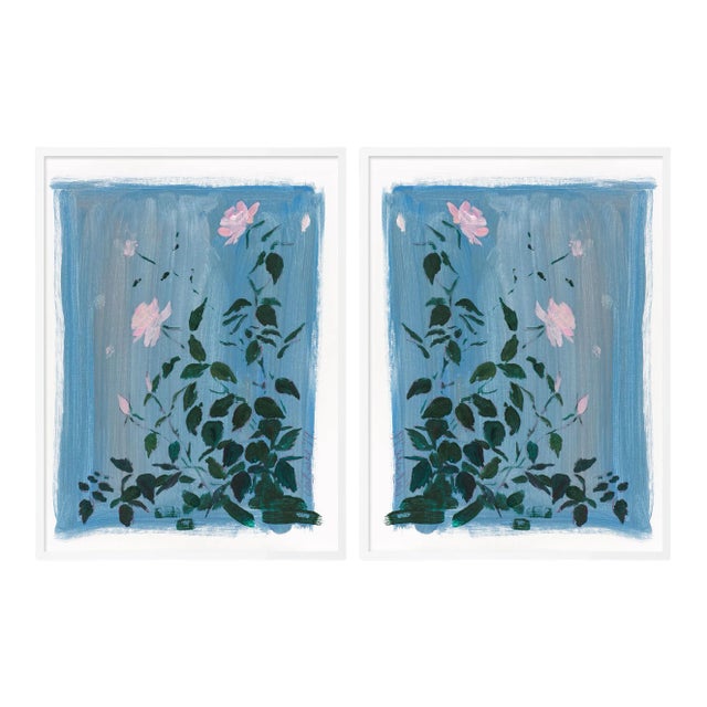 Blue Botanical Diptych by Lia Burke Libaire in White Frame, Small Art Print For Sale