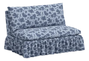 Spritely Home Capra Ruffle Settee in Silhouette Floral Periwinkle