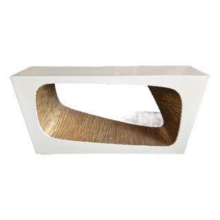 Sculptural Ivory Lacquer Console Table With Textured Bronze Leaf Inset For Sale