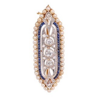 1910s Edwardian Diamond Pearl Sapphire Platinum and Yellow Gold Brooch For Sale