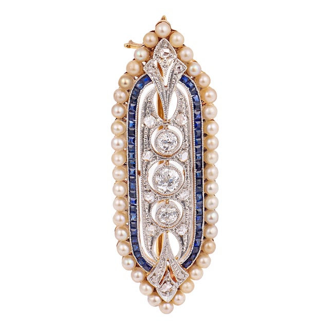 1910s Edwardian Diamond Pearl Sapphire Platinum and Yellow Gold Brooch For Sale