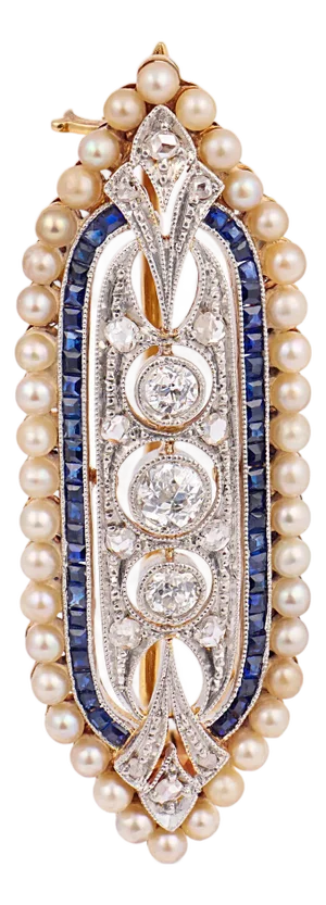 1910s Edwardian Diamond Pearl Sapphire Platinum and Yellow Gold Brooch