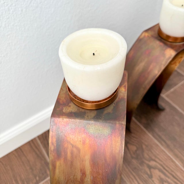 Brutalist Signed Sanders Vintage Copper Candleholder Set Modern MCM For Sale - Image 9 of 12